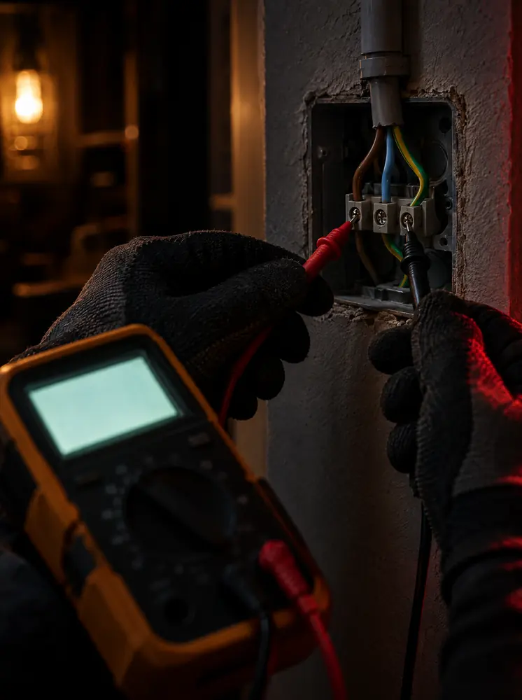 Manos con guantes midiendo con un multímetro los cables de una caja de pared