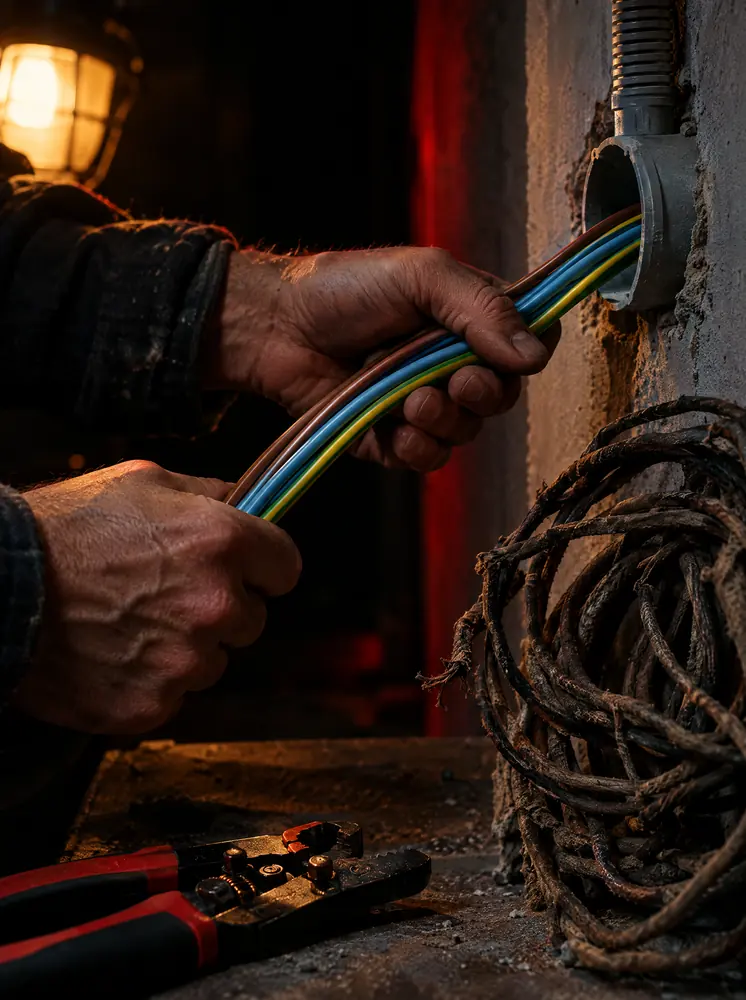 Manos pasando cables nuevos por un caño, al lado de un rollo de cables viejos