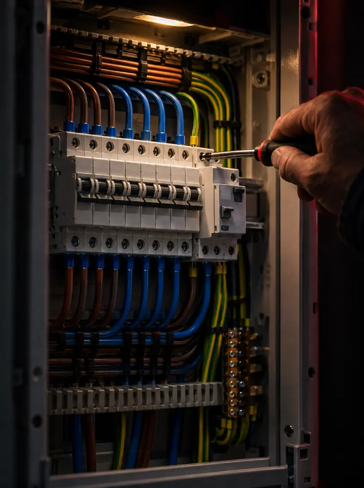 Tablero eléctrico con térmicas y disyuntor, cables peinados y una mano ajustando un borne