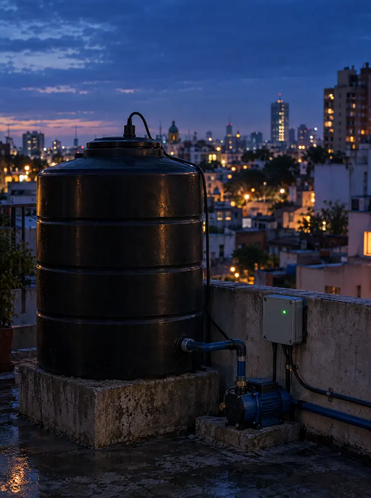 Tanque de agua en una terraza al anochecer con bomba y caja de control con luz verde
